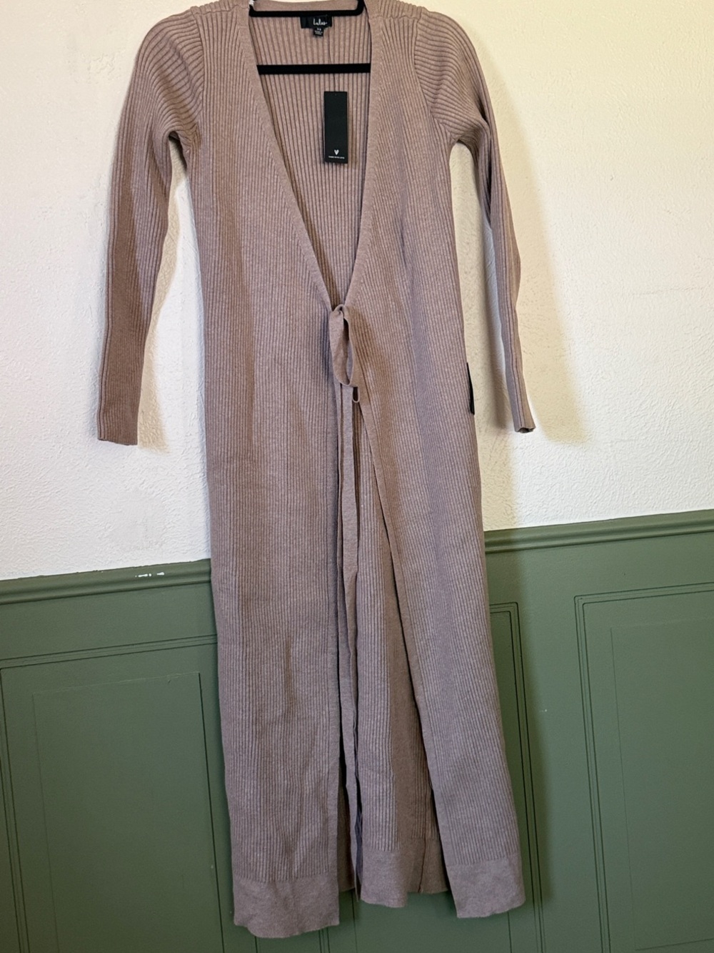 Lulu's Taupe Ribbed Long Tie-Front Cardigan